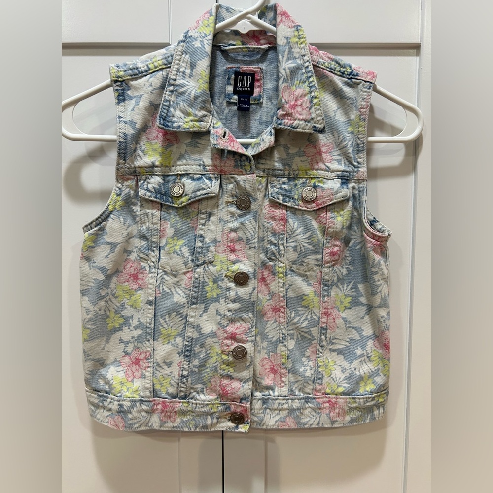 Gap Girls' XL (10/12) Floral Print Denim Vest - Pastel Multicolor